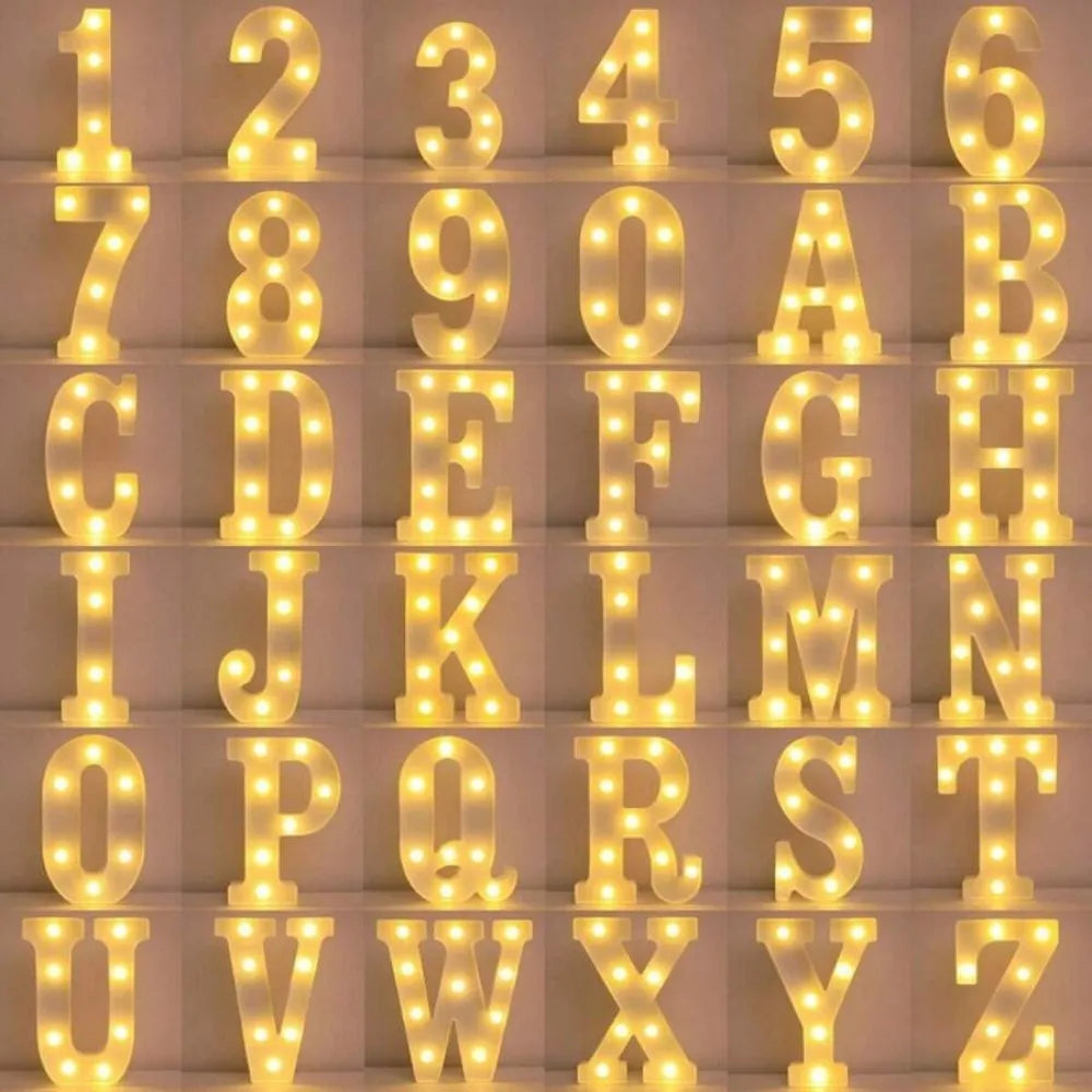 Una exhibición de letras y números iluminados dispuestos en una cuadrícula sobre un fondo blanco.