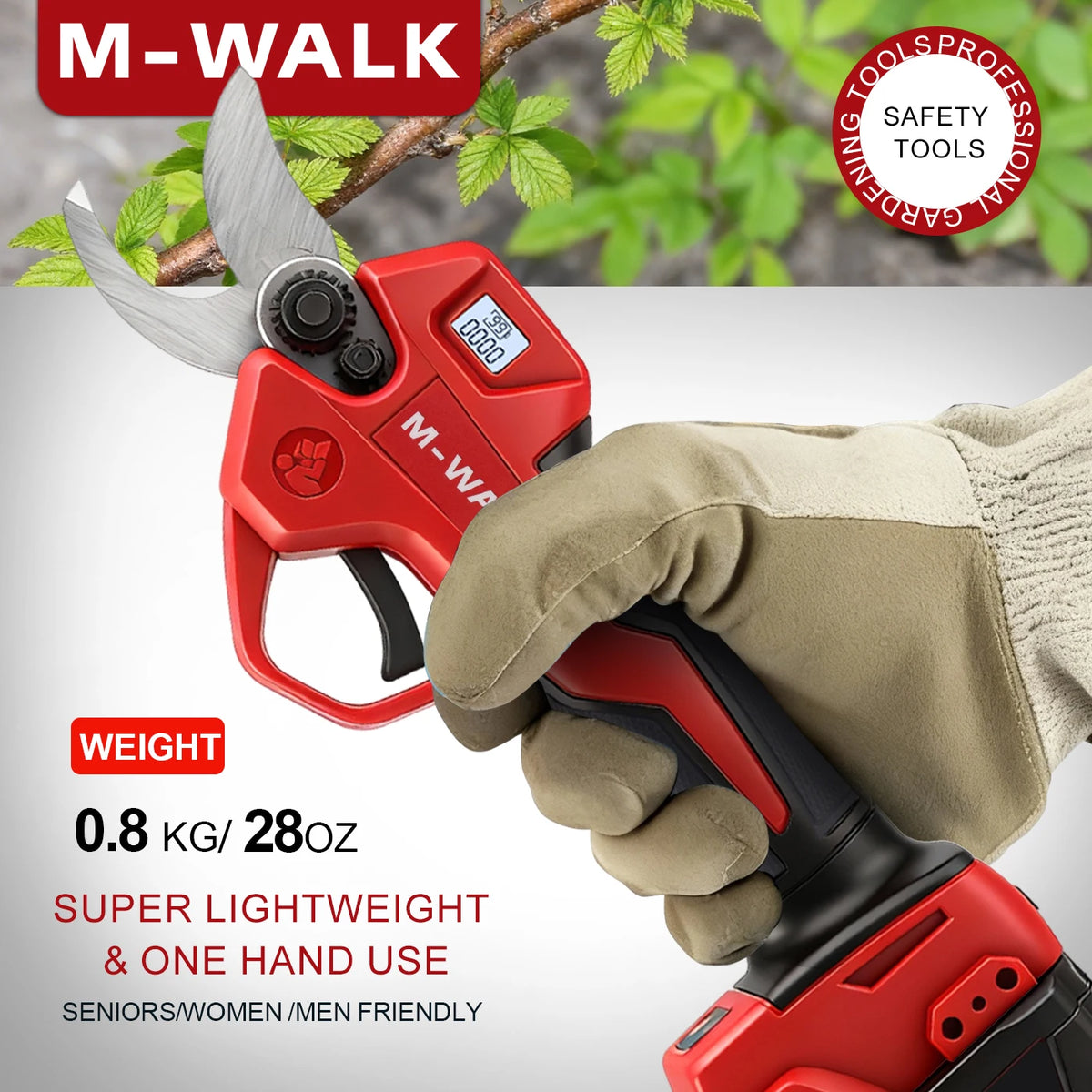 A hand holds a red M-WALK brushless electric pruning shear tool against a green leafy background.