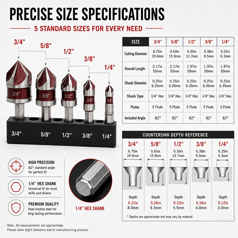 A set of five standard size wood countersink drill bits with detailed specifications and depth references.