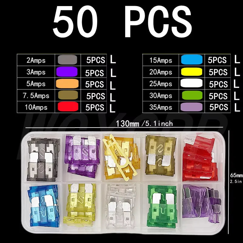 A clear plastic container holds various colored car fuses and related components for a precision kit.