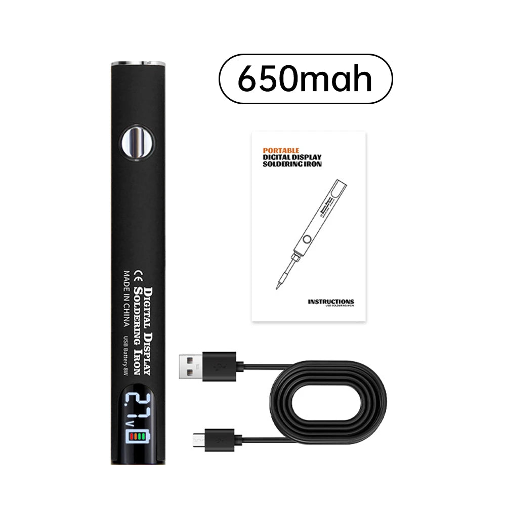 Fer à souder numérique portable noir avec batterie 650mAh et câble USB.