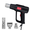 A black hot air gun with a metal nozzle and accessories shown on a white background.