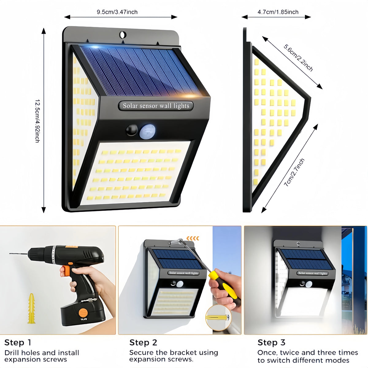 Installation steps for 140 LED solar security lights with motion sensor, showing drilling and securing brackets.