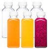 A set of six clear reusable plastic juice bottles, including three filled with orange and yellow liquids, and one filled with
