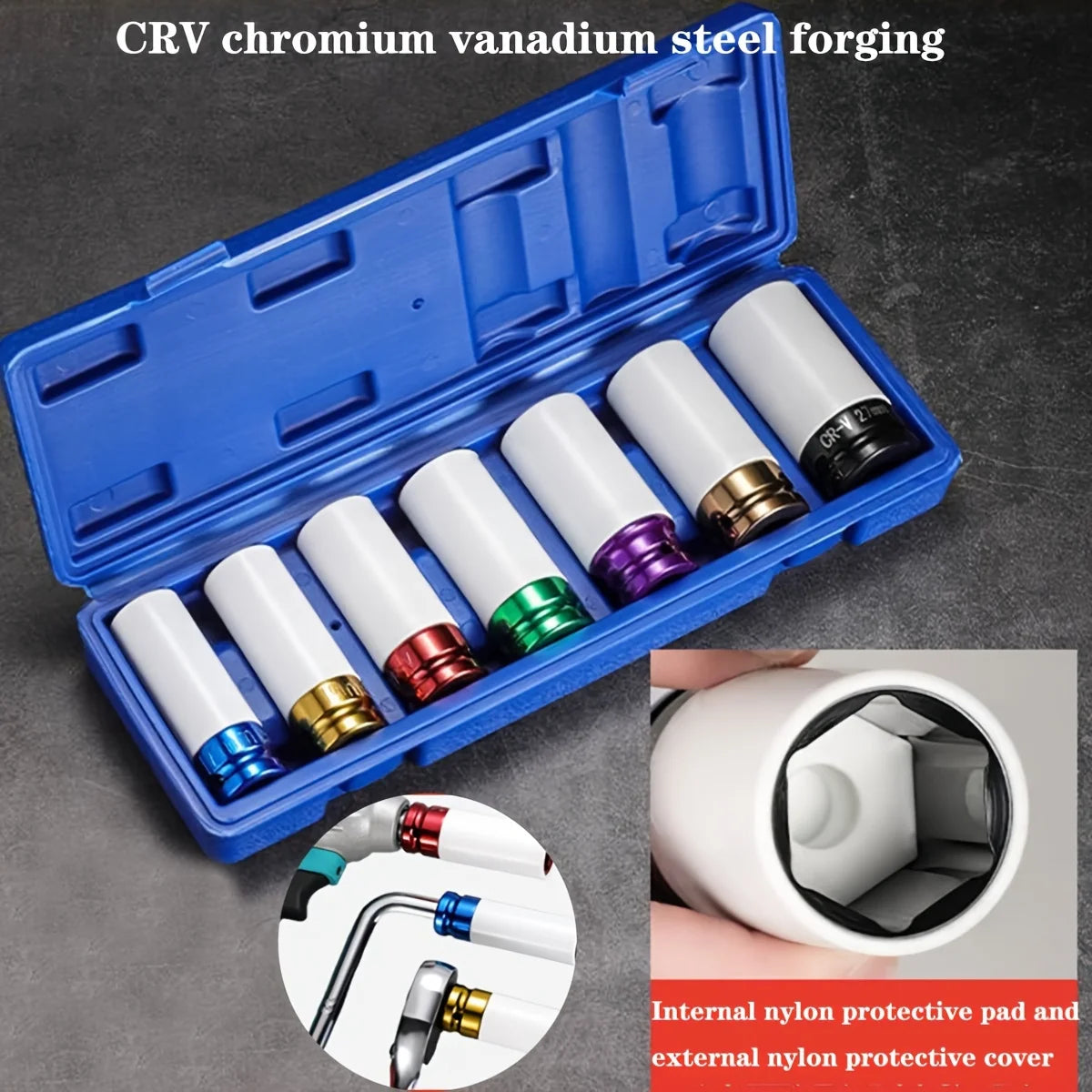 Blue storage box containing CRV chromium vanadium steel forging sockets and protective covers
