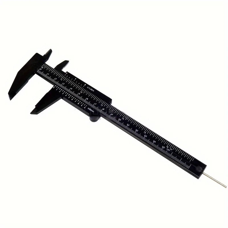 A black portable mini sliding vernier caliper ruler with a sharp tip.