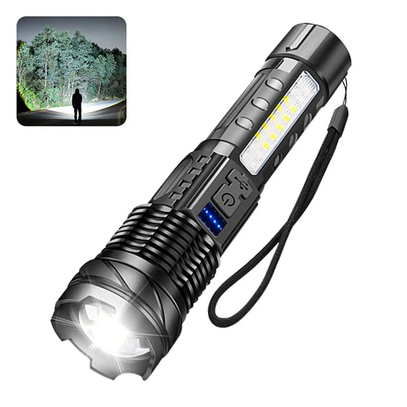 A black high-power rechargeable LED tactical flashlight with a bright beam and blue indicator light.