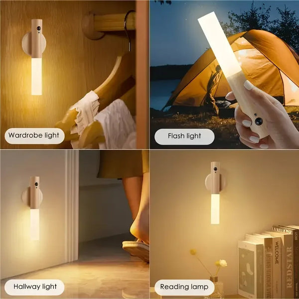 A collection of motion sensor LED night lights including a wardrobe light, flash light, hallway light, and reading lamp.