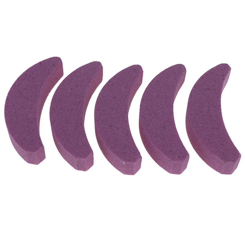 A set of five purple, curved sharpening tools for a portable chainsaw tooth kit.