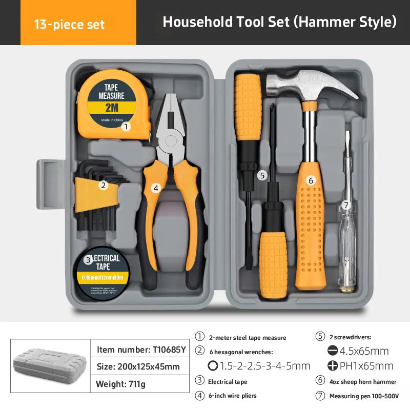 An open toolbox set containing various household tools including a tape measure, pliers, and a hammer.