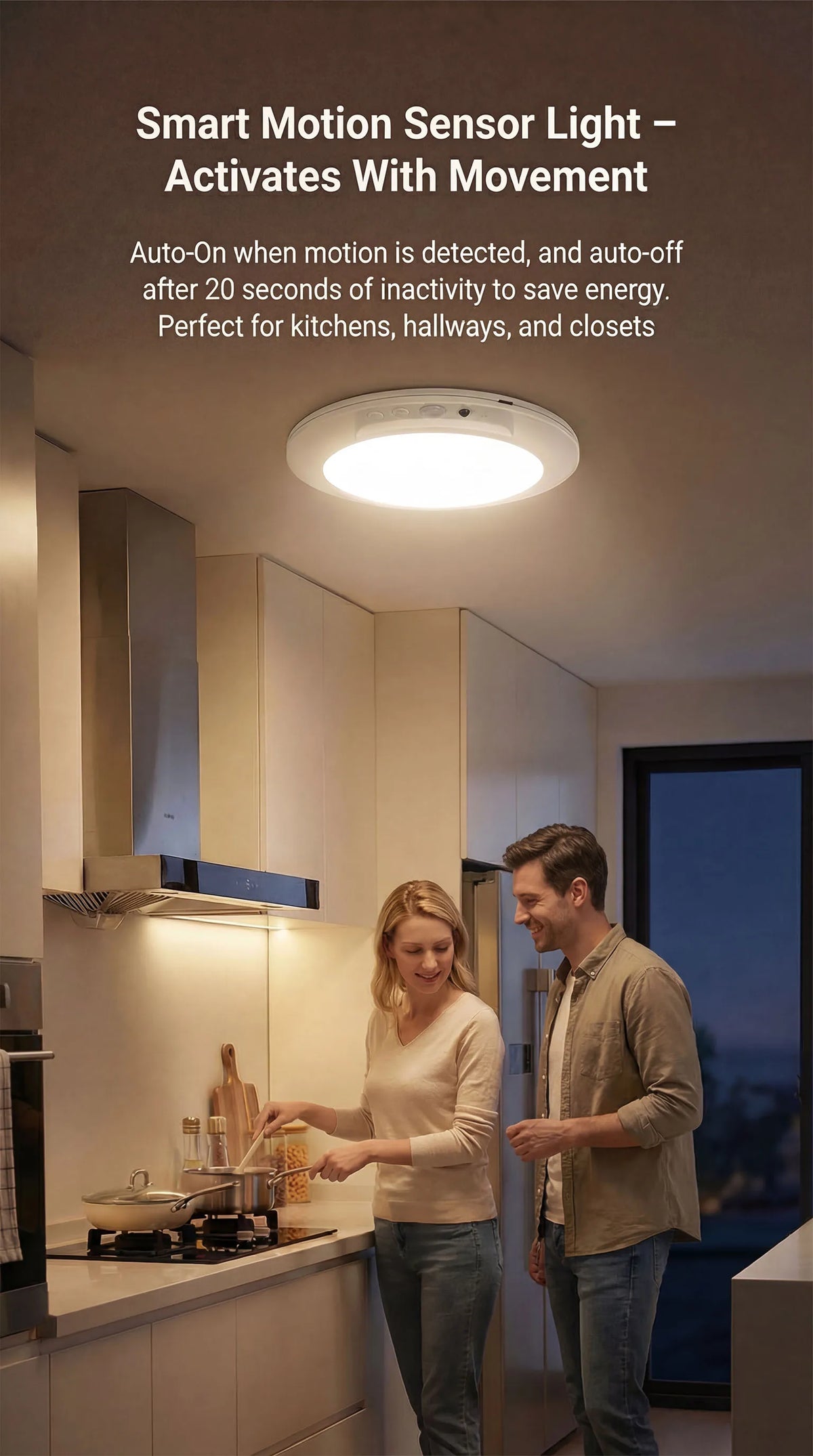 A smart motion sensor light installed in a kitchen ceiling, illuminating a cooking area.