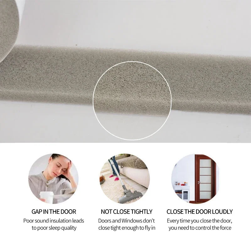 Close-up view of gray self-adhesive foam weather stripping tape used for sealing gaps in doors and windows.