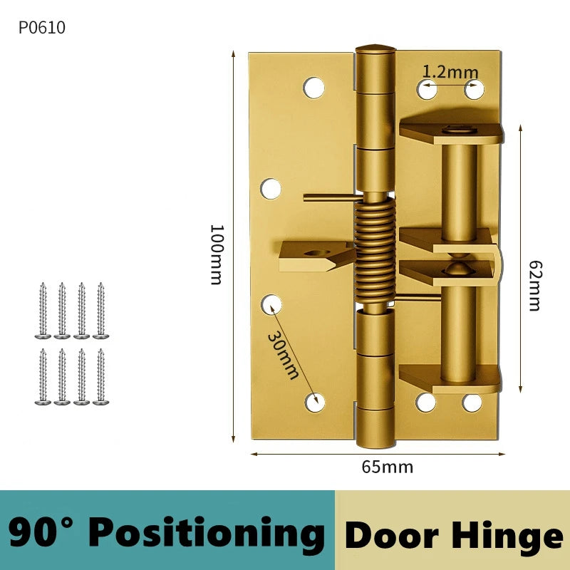 A brass 90 degree positioning door hinge with a cylindrical mounting plate and adjustable pivot.