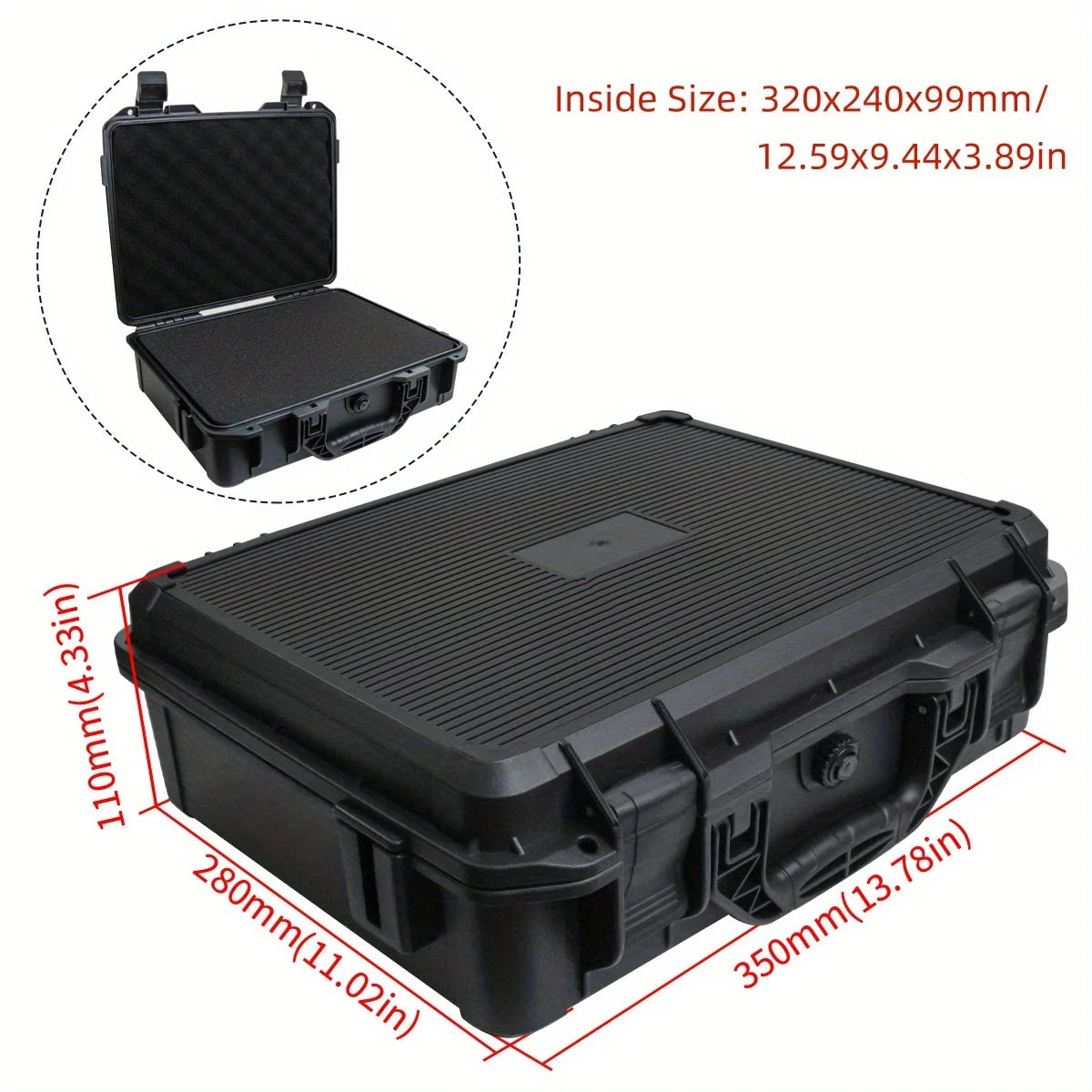 Black universal portable tool box with shockproof carrying case shown from the top and an interior view.