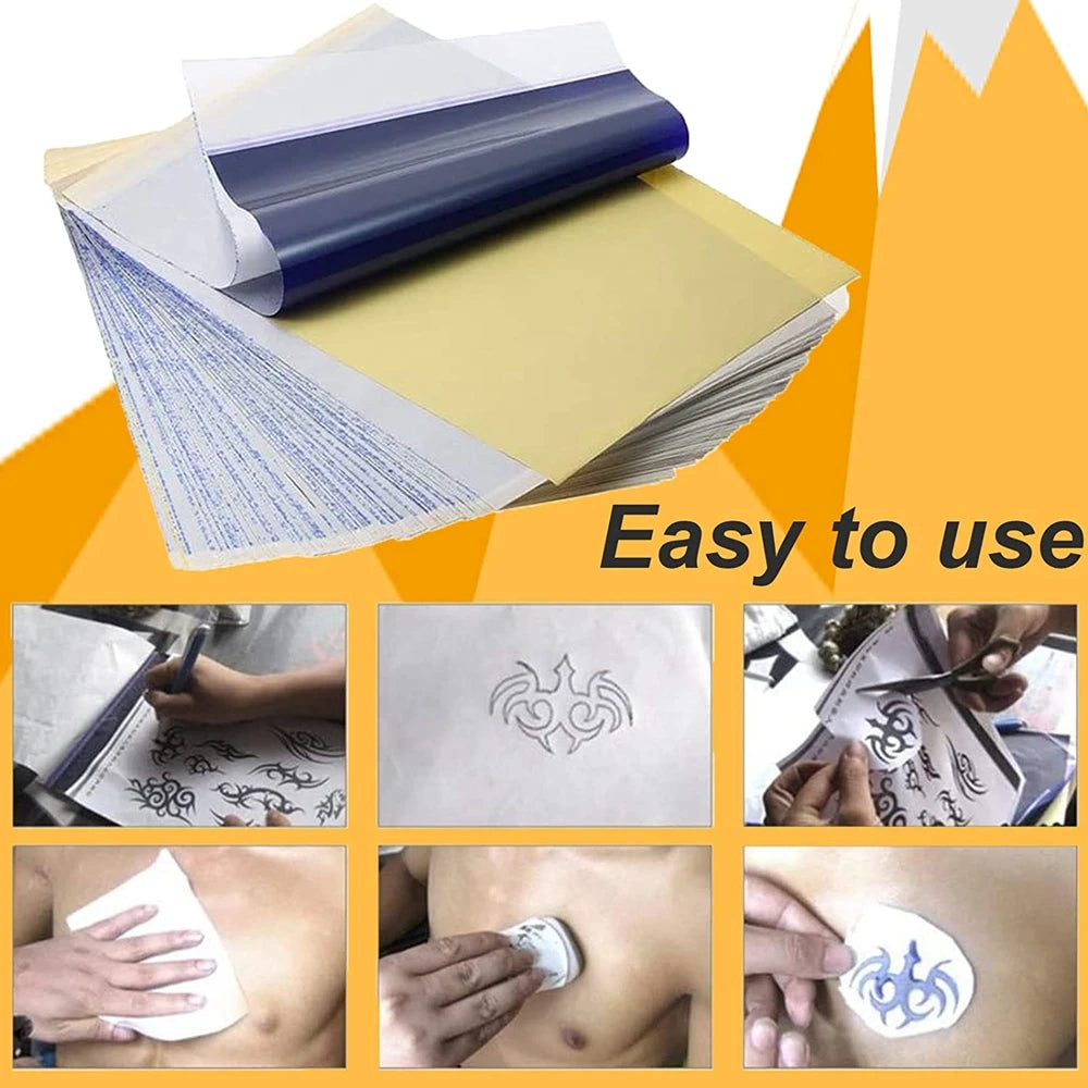 A kit for professional tattoo practice featuring skin and transfer materials including paper, ink, and stencils.