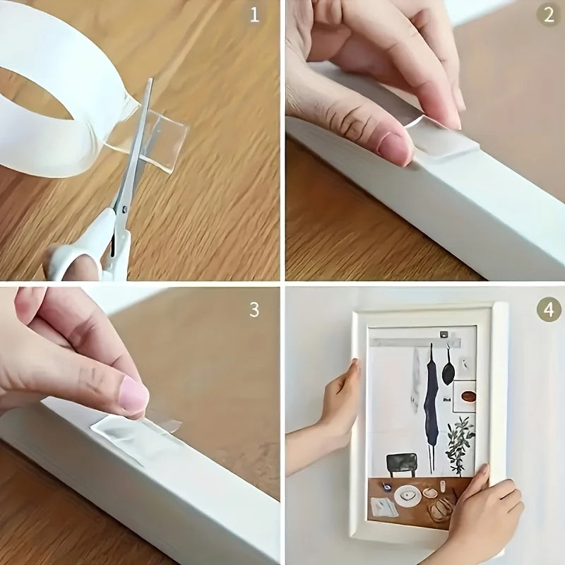Four panels showing the application of nano double-sided clear mounting tape for mounting items.