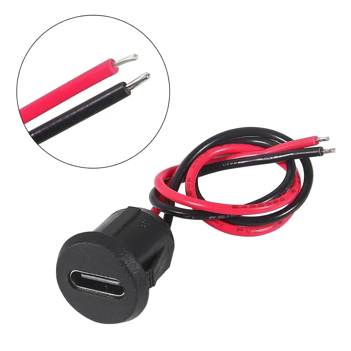 A black USB-C female charging port adapter with red and black cables shown alongside a close-up view of the connector.