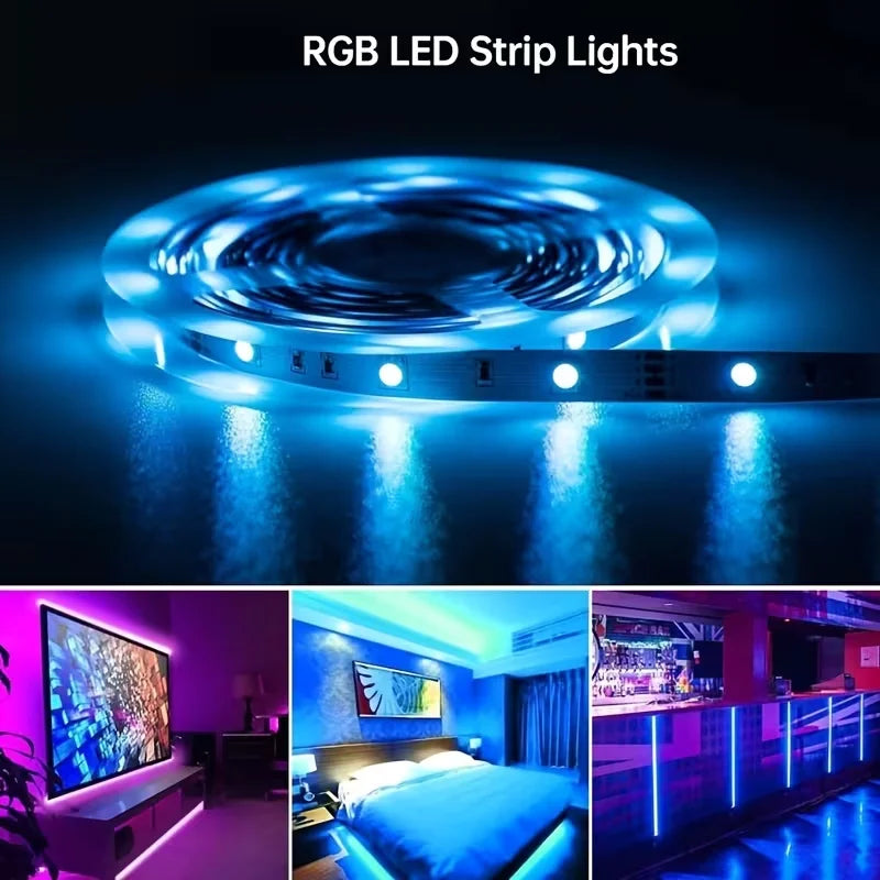 A close-up view of colorful RGB LED strip lights illuminating various surfaces and a television screen.