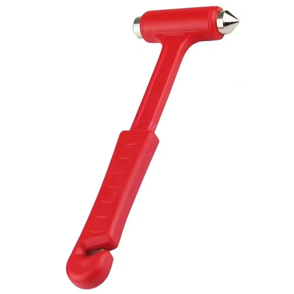 A red heavy-duty car glass breaker tool with a rubberized handle and metal tips.