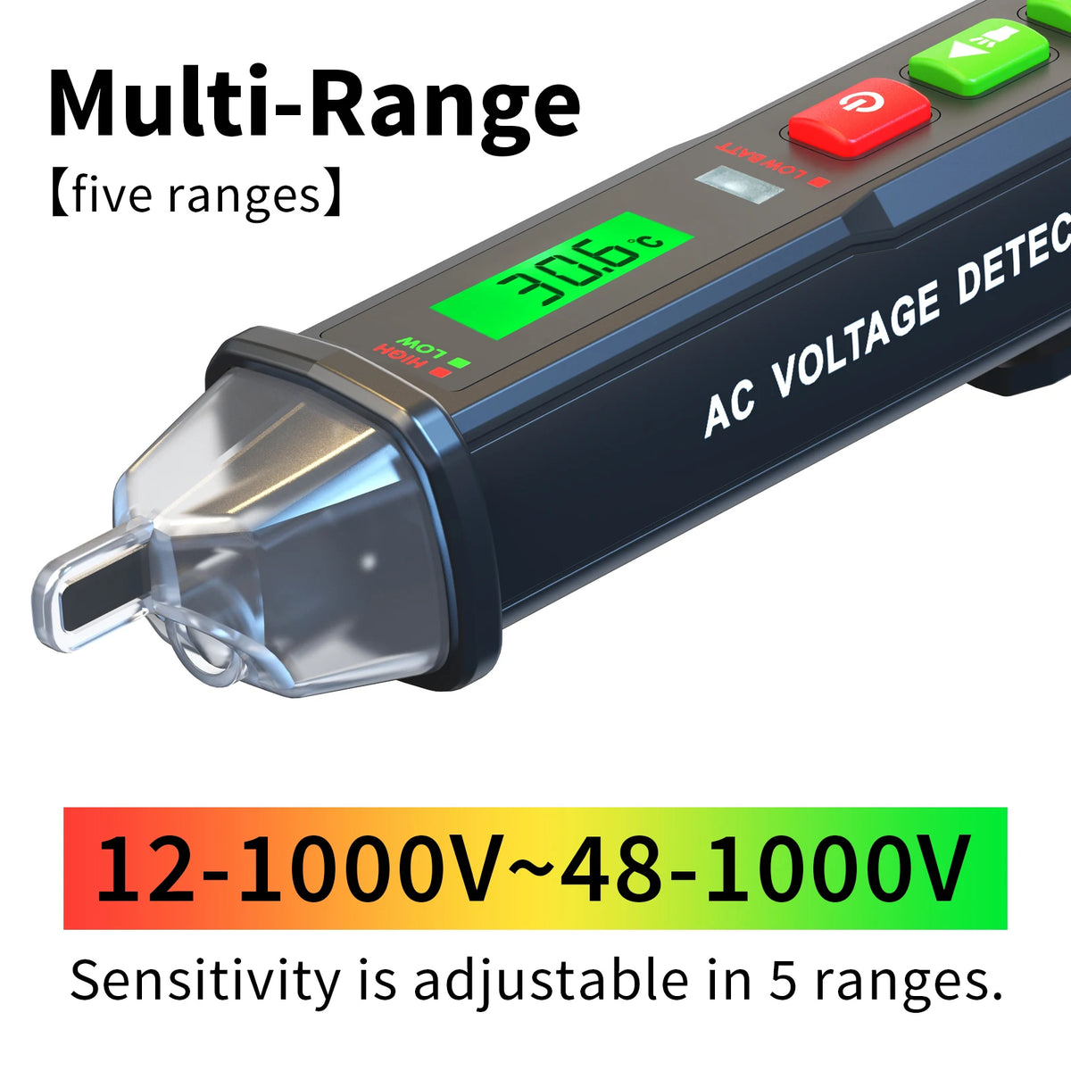 A digital multi-range AC voltage detector pen with adjustable sensitivity settings.