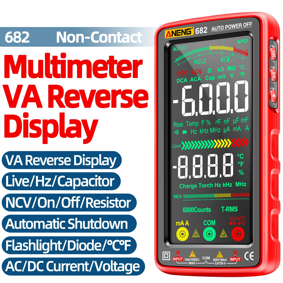 Rotes digitales Multimeter mit Umkehranzeige für Spannung- und Strommessungen