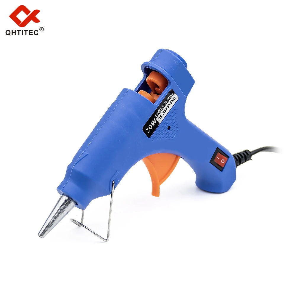 Blue hot melt glue gun with orange heating element and a metal stick visible against a white background.