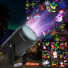A black rotatable LED Christmas projector lights illuminating colorful snowflake patterns against a dark night background.