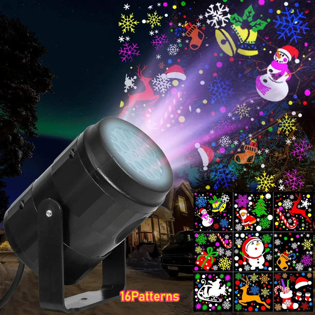 A black rotatable LED Christmas projector lights illuminating colorful snowflake patterns against a dark night background.
