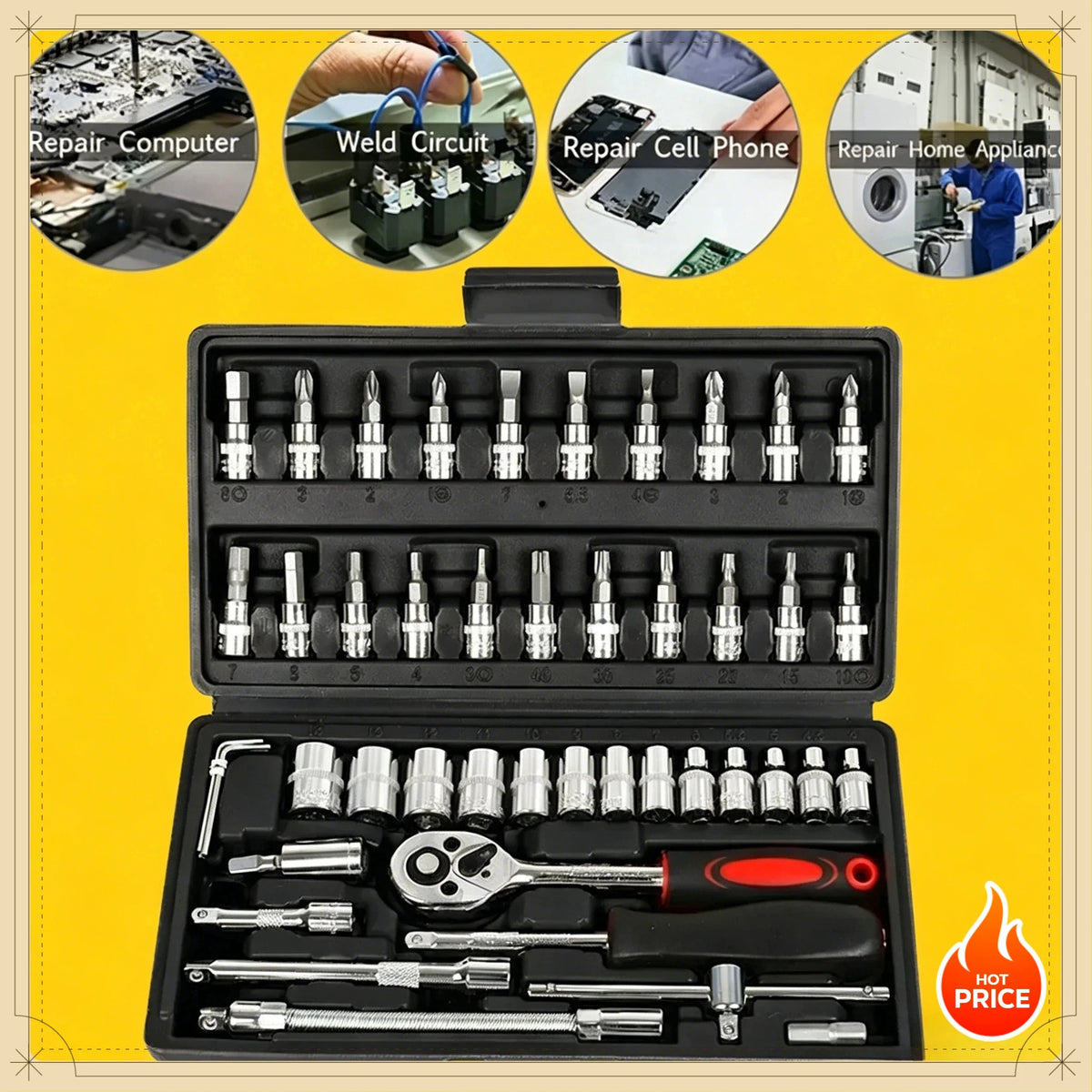 A black tool kit containing 46 metric socket wrenches and various hand tools for repair and maintenance.