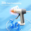 A white cordless hot glue gun is shown preheating with a blue glow, demonstrating 30S fast preheating technology.