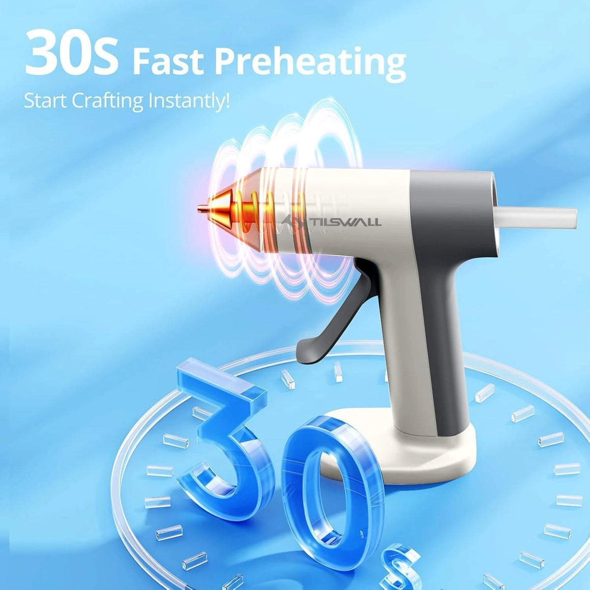 Pistolet à colle sans fil blanc avec effet lumineux bleu, démontrant un préchauffage rapide de 30 secondes pour la création.