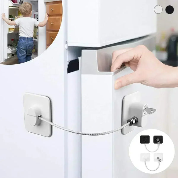 A hand is shown opening a white cabinet door, demonstrating the mechanism of baby safety locks.