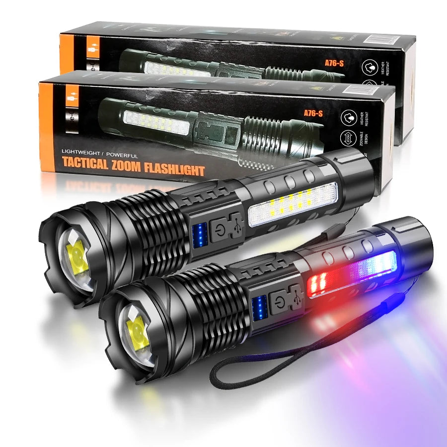 A set of black tactical zoom flashlights and packaging boxes for high-power rechargeable LED lighting.