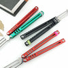 A set of folding tactical pen knives in red, green, and black are displayed on a white background.