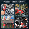 Demonstration of a professional automotive circuit tester measuring electrical components in an engine bay.