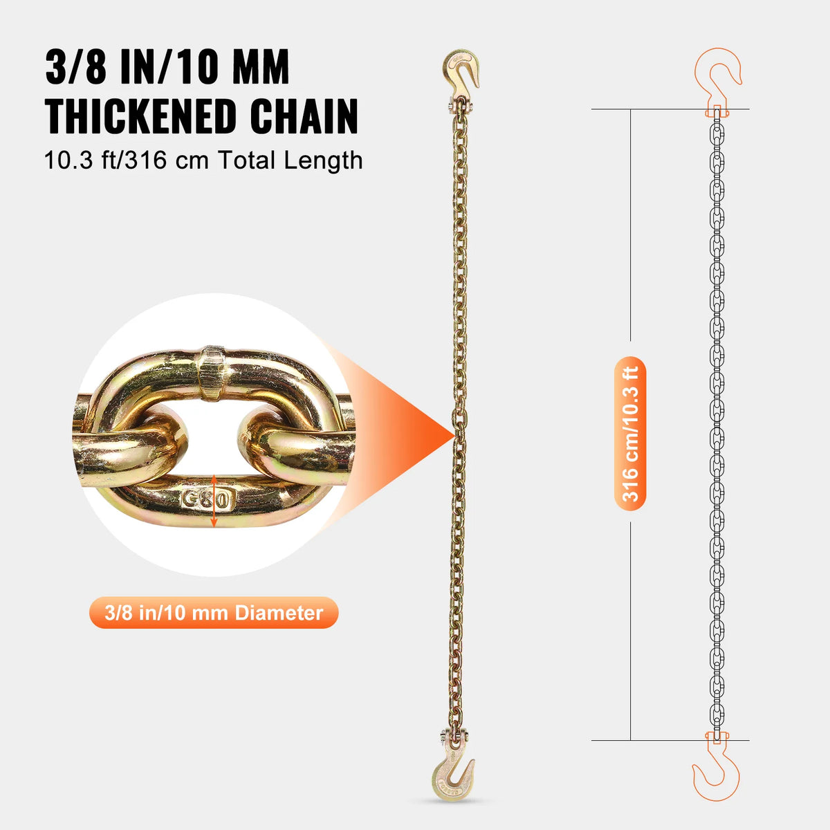 A gold-colored 3/8 inch in 10 mm thickened chain set with a clasp and a length of 10.3 feet.
