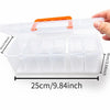 A clear plastic multi-compartment tool storage box with an orange lid and a hand demonstrating its size.