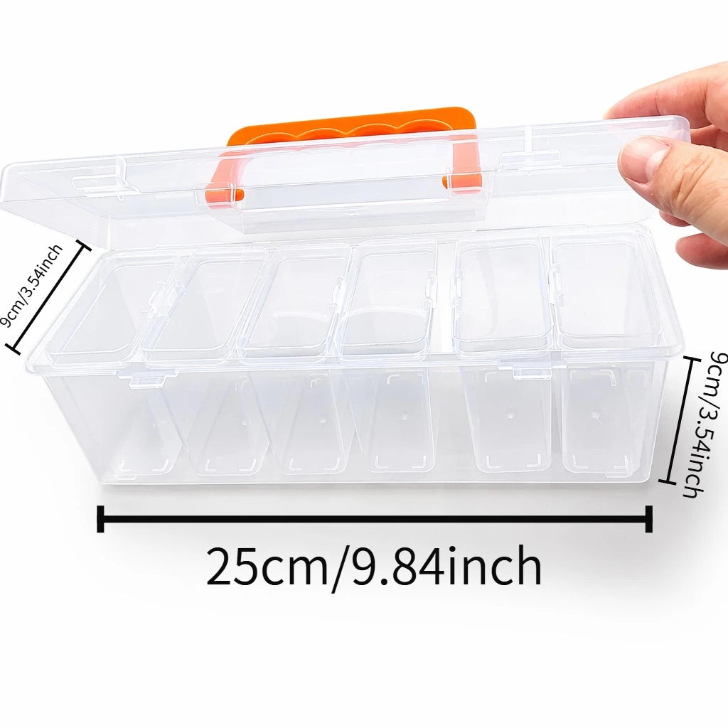 A clear plastic multi-compartment tool storage box with an orange lid and a hand demonstrating its size.