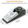 A black portable door stopper alarm device shown with dimensions and sensitivity settings.