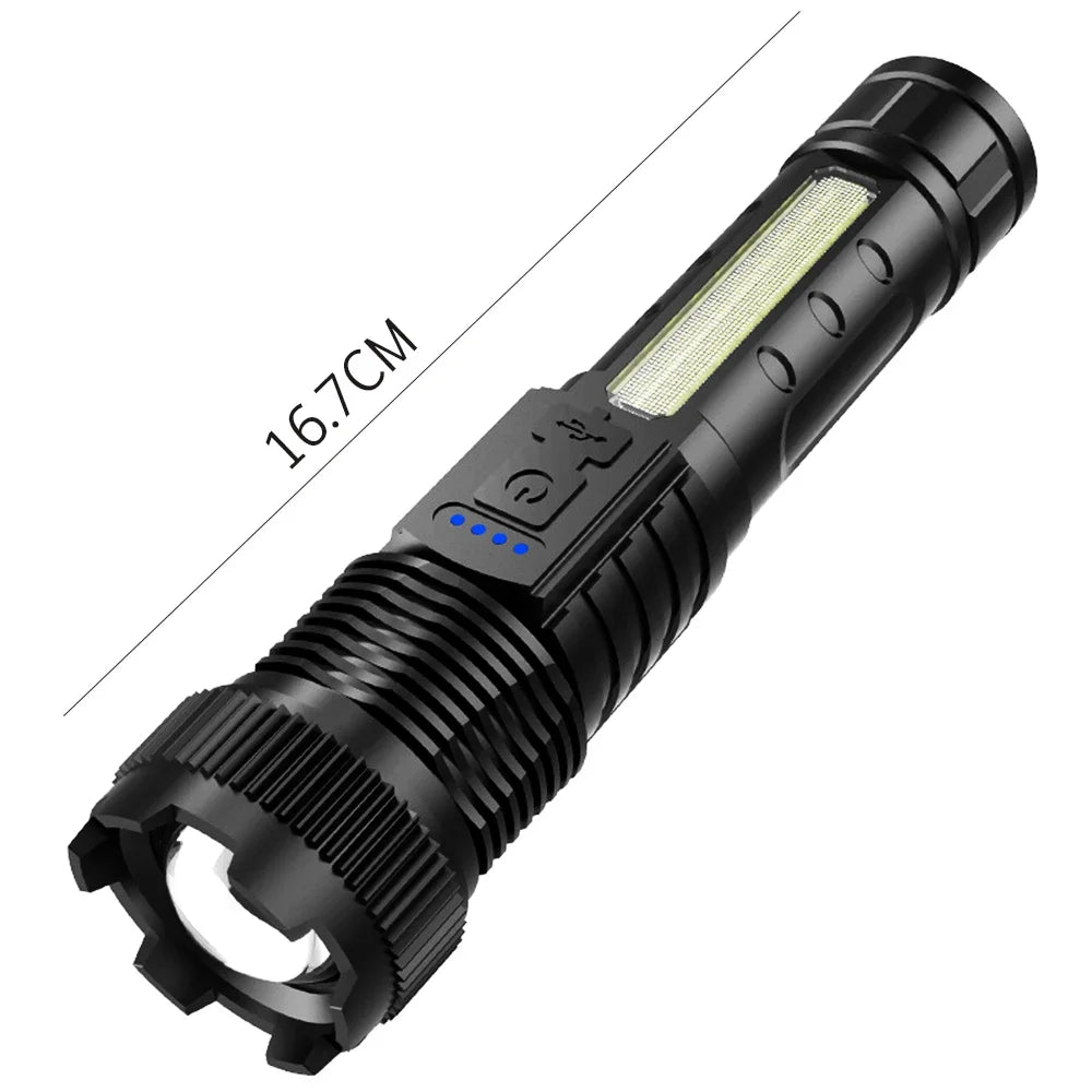 A black high-power tactical LED flashlight with a textured grip and a clear lens.