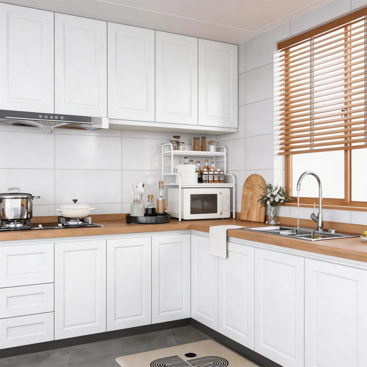 A modern kitchen featuring white cabinets, wooden countertops, and a stainless steel sink with a window view.