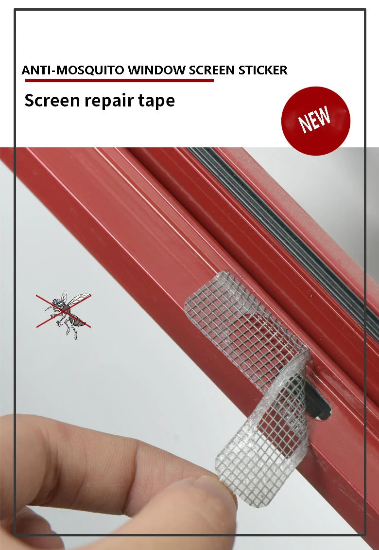 A hand is applying a silver mesh repair tape patch to a red window frame, used for anti-mosquito window screen repair.