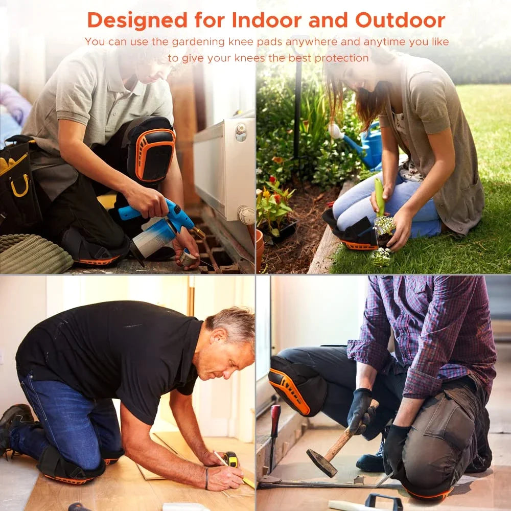 Collage showing people using heavy-duty gel knee pads for protection while gardening indoors or outdoors.