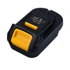 Black battery adapter for Milwaukee to Dewalt tools with a yellow connector.