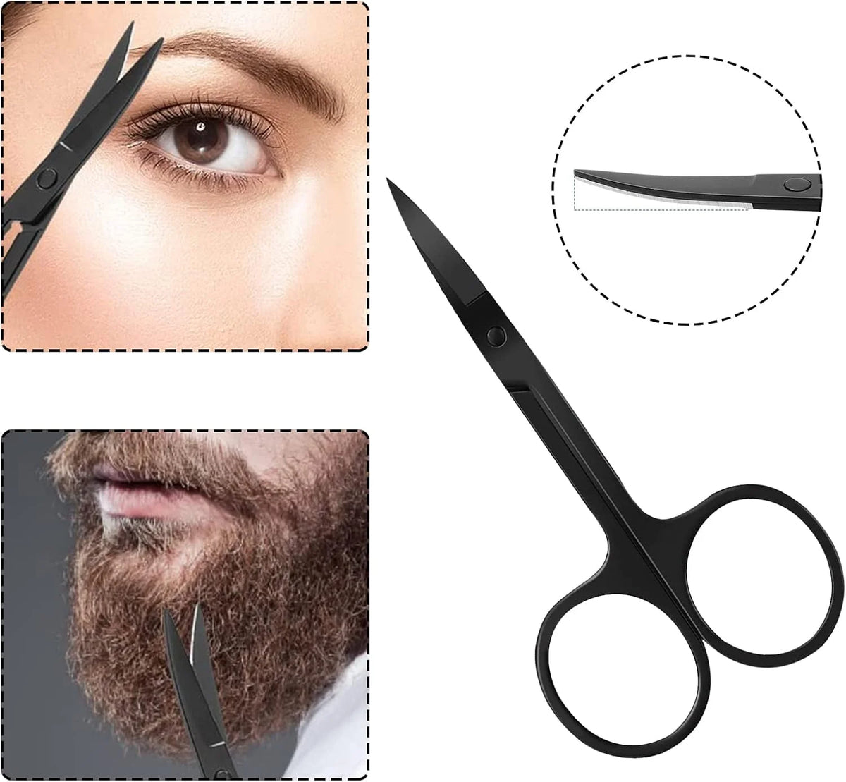 A professional eyebrow trimming set showing various precision scissors and blades for facial hair grooming.
