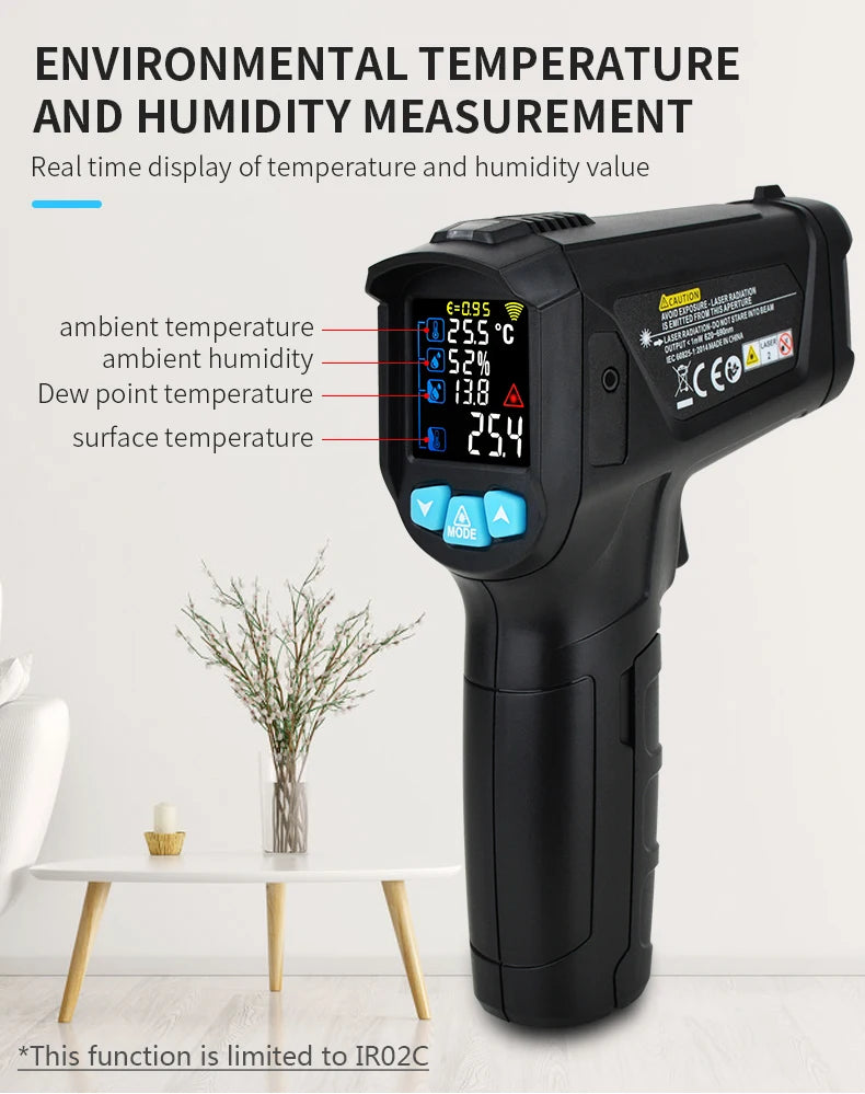 Termómetro e higrómetro digital negro infrarrojo mostrando temperatura y humedad.