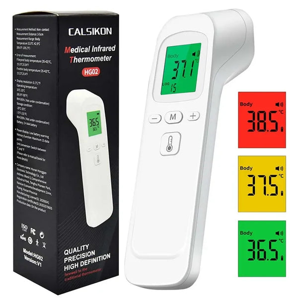 Termómetro infrarrojo médico blanco mostrando una temperatura corporal de 37.1 grados Celsius