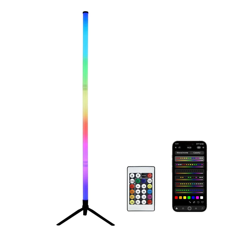 A tall, slender floor lamp with a vertical gradient of RGB LED lights.