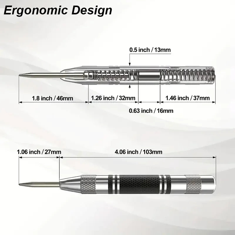 A silver heavy duty automatic center punch tool shown with various dimensions.