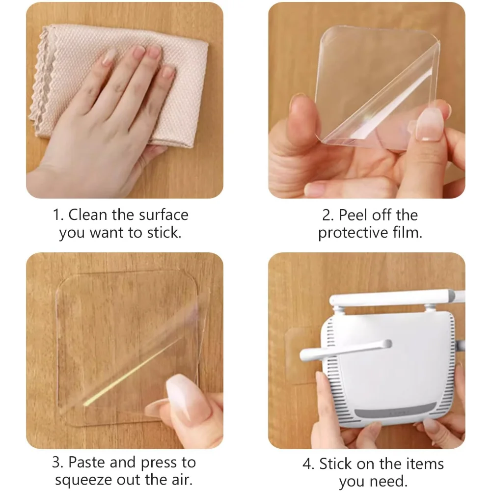 Step-by-step guide showing how to use heavy-duty double-sided nano adhesive pads for sticking items.